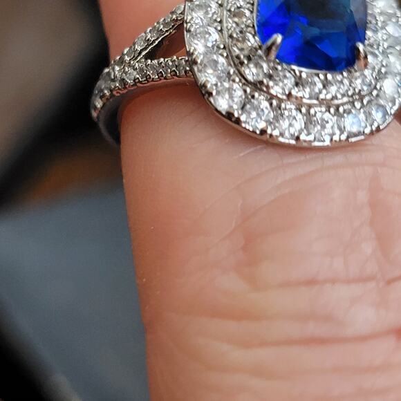 Rhodium Plated Simulated Sapphire Halo Ring - Size 7 - Double Halo Brilliance - Picture 8 of 11